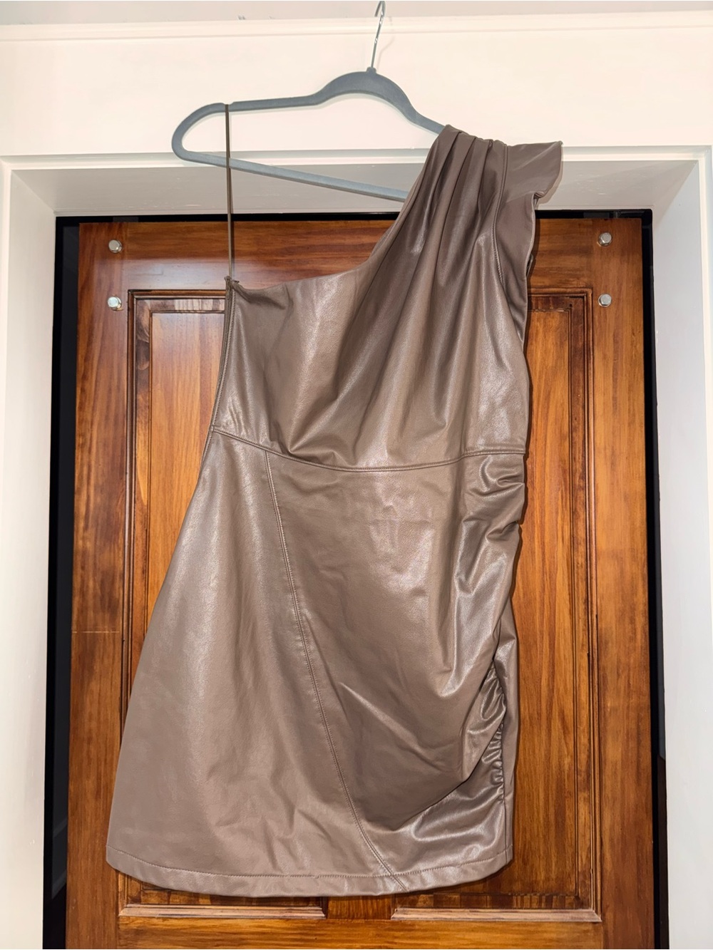 Express One-Shoulder Faux Leather Dress in Taupe